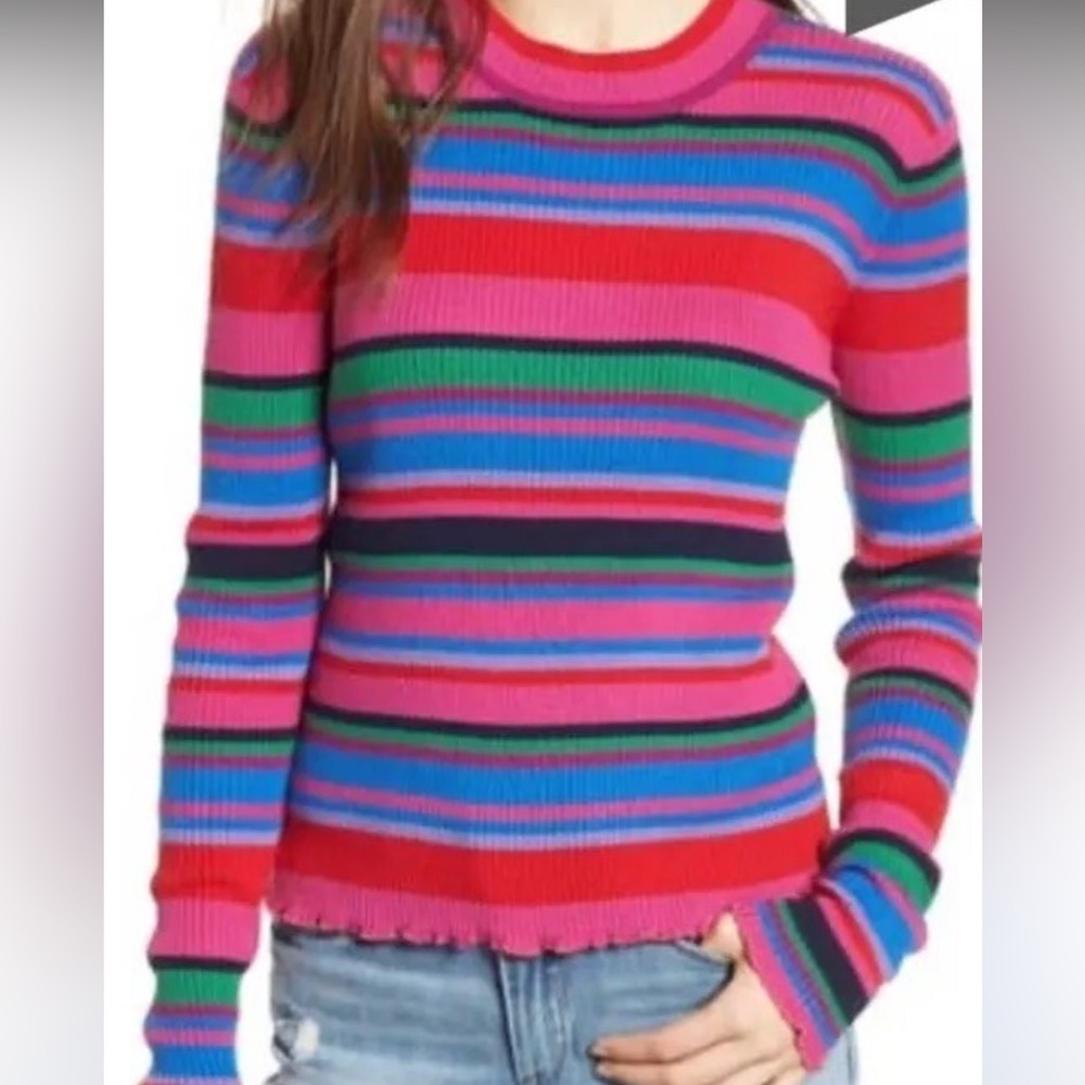 BP cotton ribbed stripped ruffled long sleeve strech knit sweater top size M